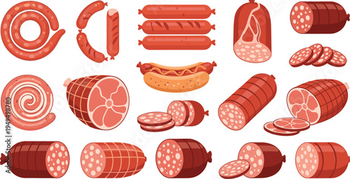 Sausage and deli meat vector collection. Salami, hot dog, smoked sausage and sliced meat. Butcher food illustration set.