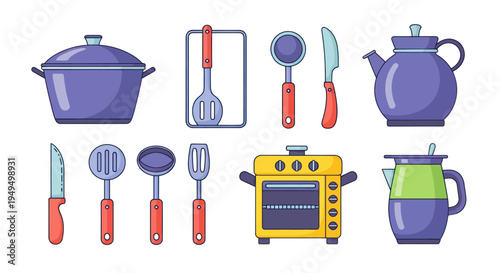 Colorful kitchenware collection illustration isolated on white background