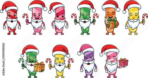 Cute Christmas crayon characters set. Colorful cartoon crayons wearing Santa hats holding candy canes and gifts. Festive holiday mascot vector collection.