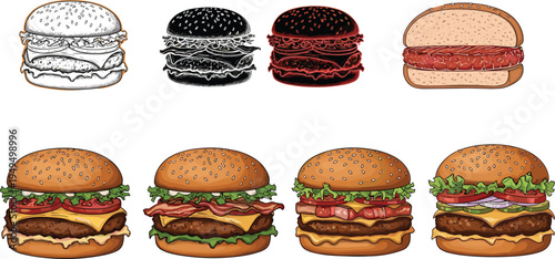 Burger variations set illustration. Bacon burger, cheeseburger, crispy burger and pork burger with lettuce and tomato. Fast food menu vector collection.