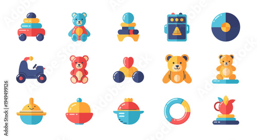 Colorful toy collection vector illustrations of childrens playthings on white