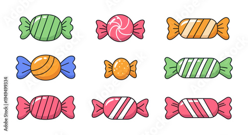 Colorful wrapped candy collection isolated on white background for design