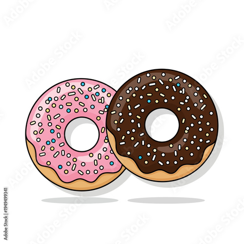Two delicious donuts, one with pink frosting and sprinkles, the other with chocolate frosting and sprinkles.