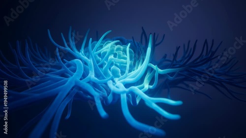 Abstract blue organic structures resembling nerve cells or microscopic organisms