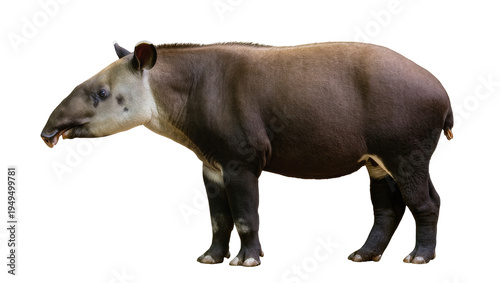 Large South American lowland tapir, a robust mammal with a distinctive proboscis, standing in profile, isolated on transparent background PNG
