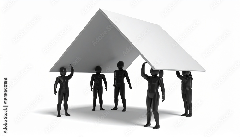 Obraz premium Stylized humanoid figures lifting triangular roof together, symbolizing teamwork, cooperation, and collective effort in community projects.