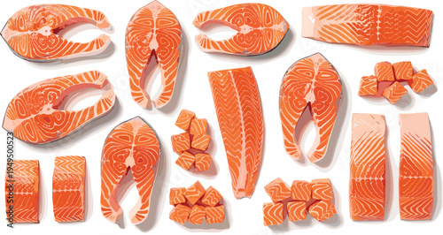 Salmon cuts vector collection. Raw salmon steaks, fillets and cubes isolated. Fresh seafood ingredients illustration set.