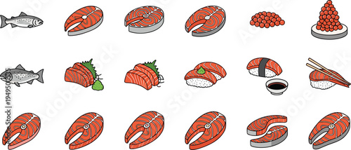 Salmon sushi and seafood vector set. Salmon fish, fillet steaks, nigiri sushi and caviar. Japanese seafood food illustration collection.