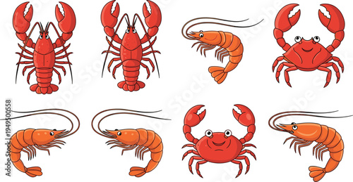 Seafood crustacean cartoon vector set. Lobster, shrimp and crab characters in different poses. Marine seafood mascot illustration collection.