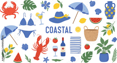 Coastal summer vacation vector set. Beach accessories, lobster, crab, fruits and tropical plants. Seaside lifestyle illustration collection.