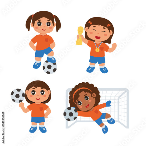 Soccer Clipart Set – Kids Soccer Players Girls and Goalkeeper - Vector Illustration