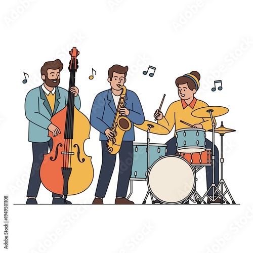 Jazz Trio Playing Music - Double Bass, Saxophone, and Drums