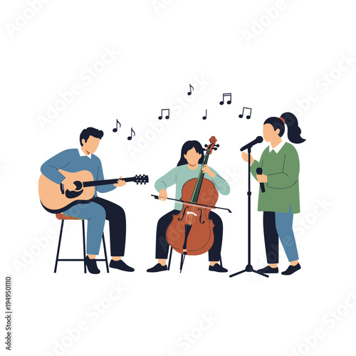 Musicians playing guitar, cello, and singing with music notes