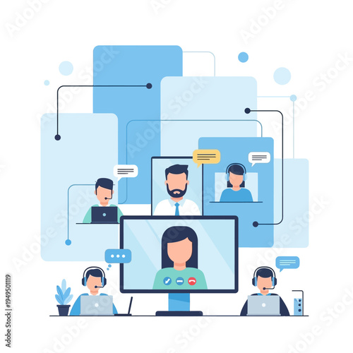 Online meeting, video conference, remote work, team collaboration, people connecting via screens