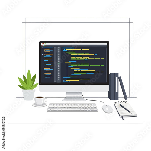 Programmer's desk with computer displaying code, coffee, plant, and books