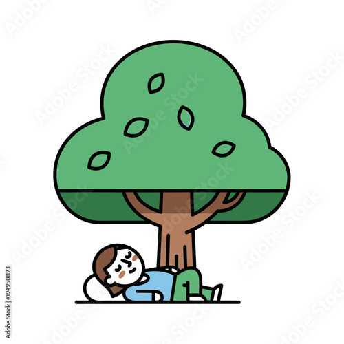 Person sleeping peacefully under a large green tree on a sunny day