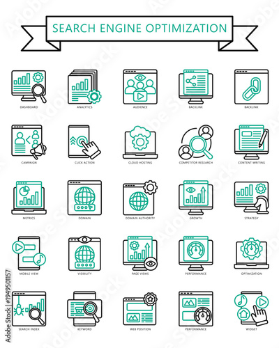 Search Engine Optimization dual tone outline color icons pack. contain dashboard, analytics, audience, backlink, campaign, click action, cloud, research, writing and more. Vector for UI, UX kit.