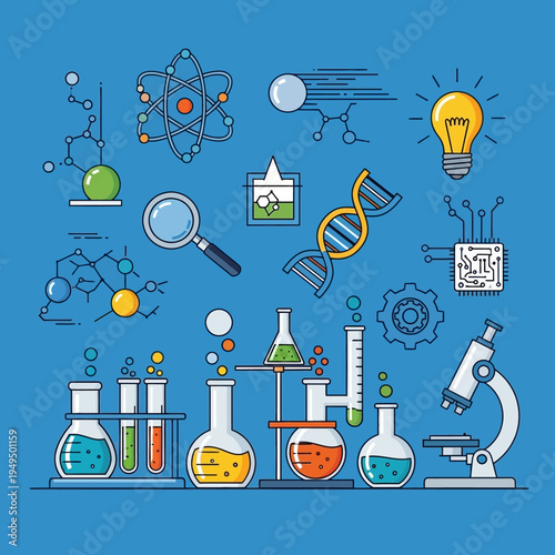 Science and Research Icons: DNA, Microscope, Atom, Lightbulb, Lab Equipment