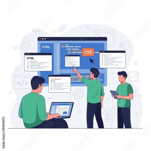 Team of developers coding website on laptop and screens, teamwork, programming