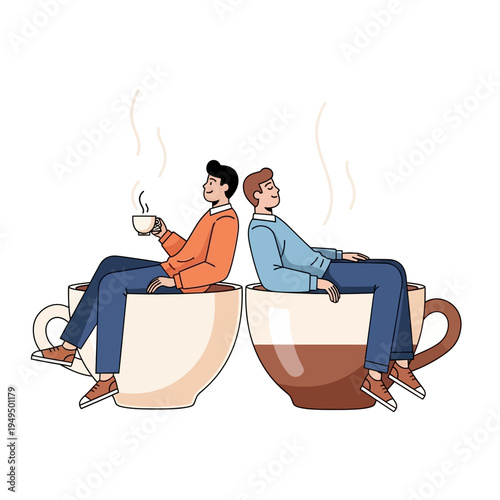 Two men relaxing in giant coffee cups, enjoying hot beverages