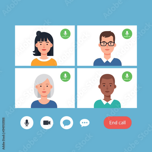 Video conference call with diverse people on screen, online meeting, remote work