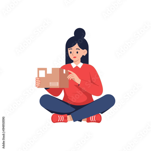 Woman holding a package, sitting cross-legged, ready for delivery or shipping