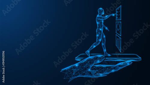 Mobile application and data management. The hand holds a smartphone, on the surface of which a digital person stands and interacts with a virtual interface.  Polygonal design, blue background.