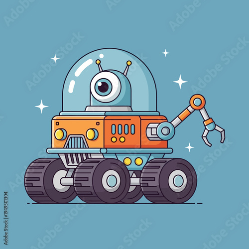 Cute cartoon rover robot with big eye, wheels and robotic arm on blue background