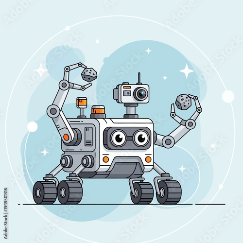 Cute robot rover exploring space, holding rocks in its robotic arms, with stars and planets in the background.