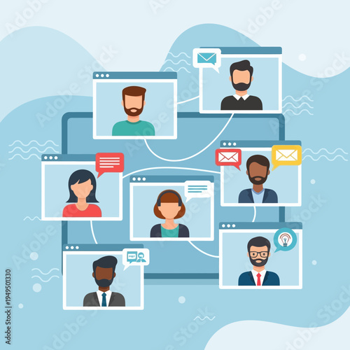 Diverse team collaborating online via video conference, virtual meeting, remote work concept