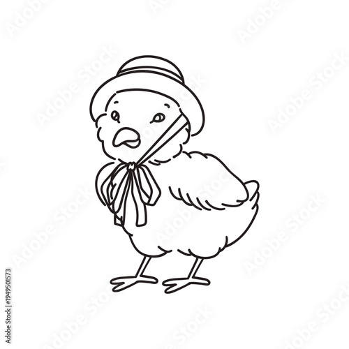 Chick. Farm animal with cute hat. Cottage core. Picnic. Doodle style. Hand-drawn element. Spring holiday. Vector illustration for greeting cards, prints, coloring books