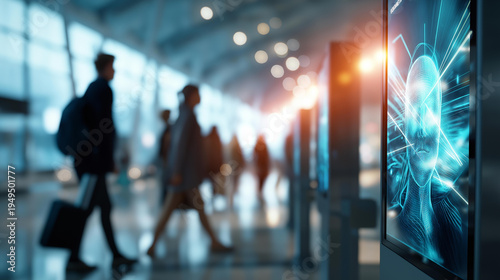 Abstract bright visualization of a futuristic biometric check in kiosk at a modern airport terminal a vivid digital facial recognition scanning animation displayed on the kiosk
