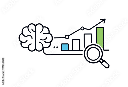 AI assisted data analysis improving business insights and decision making in a modern digital workspace, a simple brain icon connected to a bar chart and a small magnifying glass