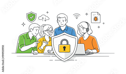 Professionals protecting online data in a modern cybersecurity environment, a group of people working together around a laptop placed behind a large protective shield with a small