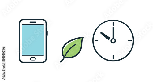 Healthy digital habits and mindful technology usage in everyday life, a smartphone placed beside a small leaf and a simple clock forming a clean visual metaphor for balanced screen