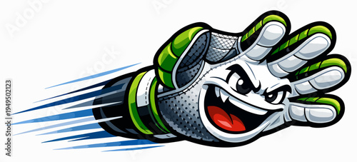 Dynamic cricket glove mascot lunging forward with speed lines, capturing agility, reflex, fielding precision, defensive mastery, athletic performance, and high energy match action