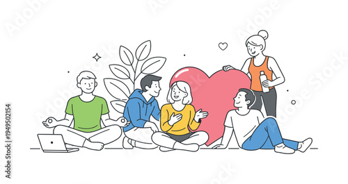 People improving personal wellbeing and stress management during a calm wellness moment, a small group of characters gathered around a large heart symbol placed beside a leafy