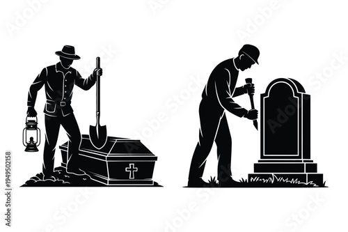Funeral scene: coffin and gravestone silhouettes