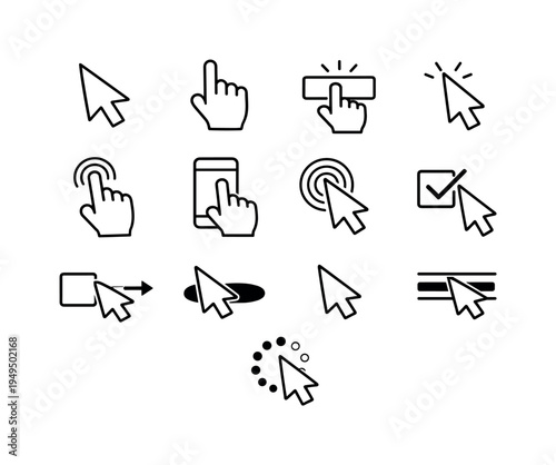 Click and tap interaction: mouse cursor arrow, hand cursor pointing finger, cursor clicking button, double click cursor, tap finger gesture, smartphone with tap finger, cursor with