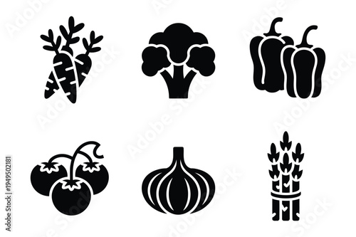 Vegetable icons: carrots, broccoli, peppers, tomatoes