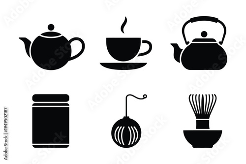 Tea and coffee icons: teapots, cup, tea infuser