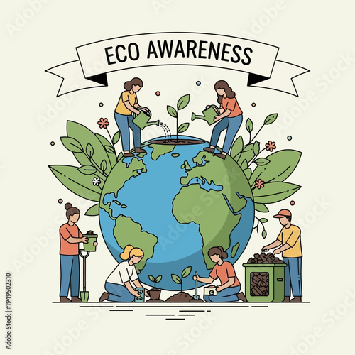 People planting trees on planet earth, eco awareness, environmental protection, sustainability concept