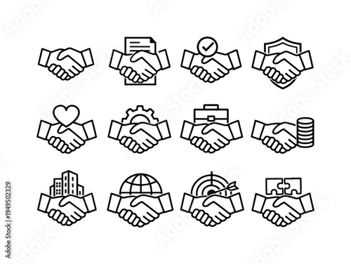 Agreement collaboration symbols: handshake, handshake with document paper, handshake with check mark, handshake with shield, handshake with heart, handshake with gear, handshake