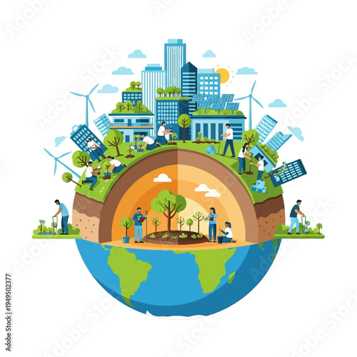 Sustainable City Growth: People Planting Trees on Earth Section with Green Buildings and Wind Turbines