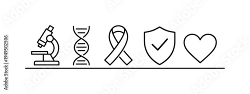 Cancer research and oncology healthcare innovation supporting early detection treatment development and improved patient outcomes, microscope, DNA helix, cancer ribbon, shield