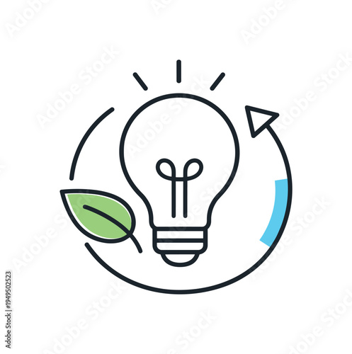 Sustainable energy awareness and responsible power consumption in everyday modern lifestyle, a simple light bulb combined with a small leaf and a circular arrow forming a clean
