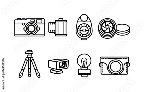 Vintage film camera collection: rangefinder camera, film roll canister, light meter, lens with cap, tripod, viewfinder, flash bulb, leather camera case