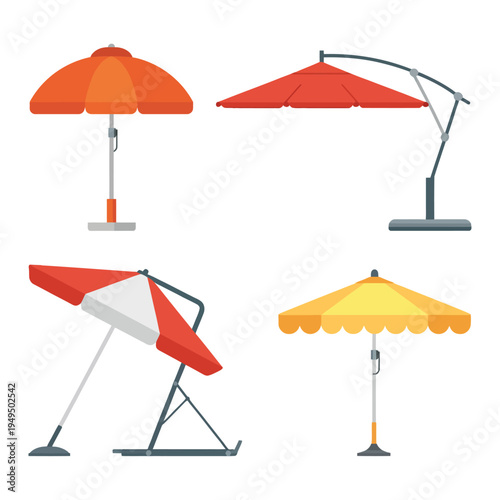 Patio Umbrellas Cartoon Vector Set, Outdoor Garden Parasol Collection for Terrace, Cafe and Beach Furniture Design, Colorful Sunshade Umbrella Icons Isolated on White Background