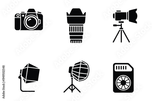 Photography equipment icons - camera, lens, tripod, lights, sd card