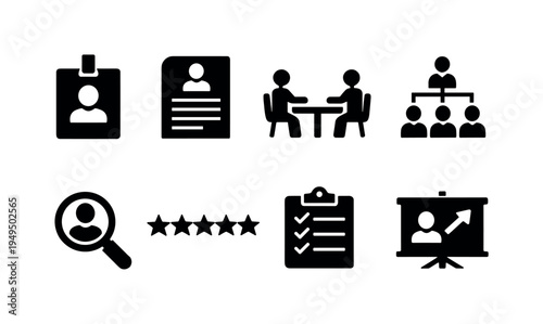 Human resources management: employee ID badge, resume document, interview table, team hierarchy chart, hiring magnifying glass, performance rating stars, onboarding checklist